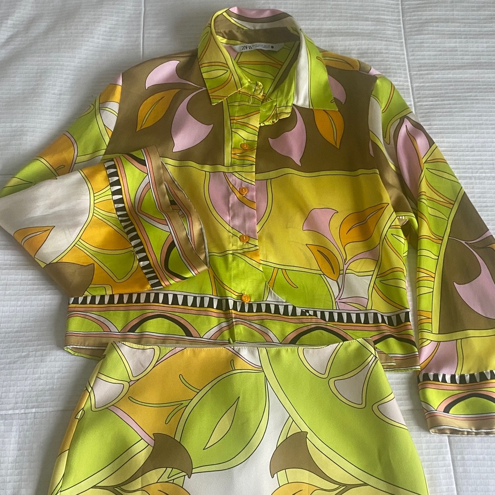 Zara Lime, Yellow & Pink Printed Silk Top